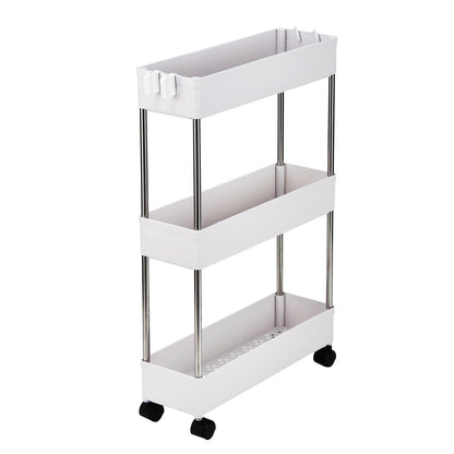 3-Layer Ultra-thin, Mobile Multi-Functional Slim Storage Cart,Suitable for Kitchen, Bathroom, Laundry Room Narrow Place, Plastic and Stainless Steel, White