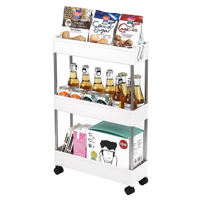 3-Layer Ultra-thin, Mobile Multi-Functional Slim Storage Cart,Suitable for Kitchen, Bathroom, Laundry Room Narrow Place, Plastic and Stainless Steel, White