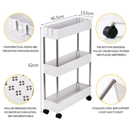 3-Layer Ultra-thin, Mobile Multi-Functional Slim Storage Cart,Suitable for Kitchen, Bathroom, Laundry Room Narrow Place, Plastic and Stainless Steel, White