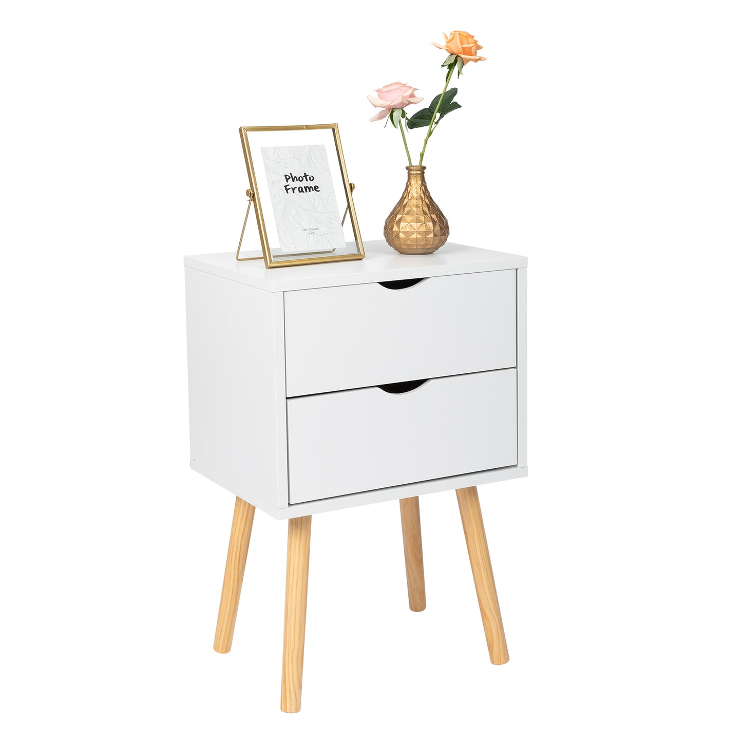 40*30*60cm Simple And Modern White Cabinet, Wood Color Legs, MDF Spray Paint, High Legs, Two Drawers, Bedside Table