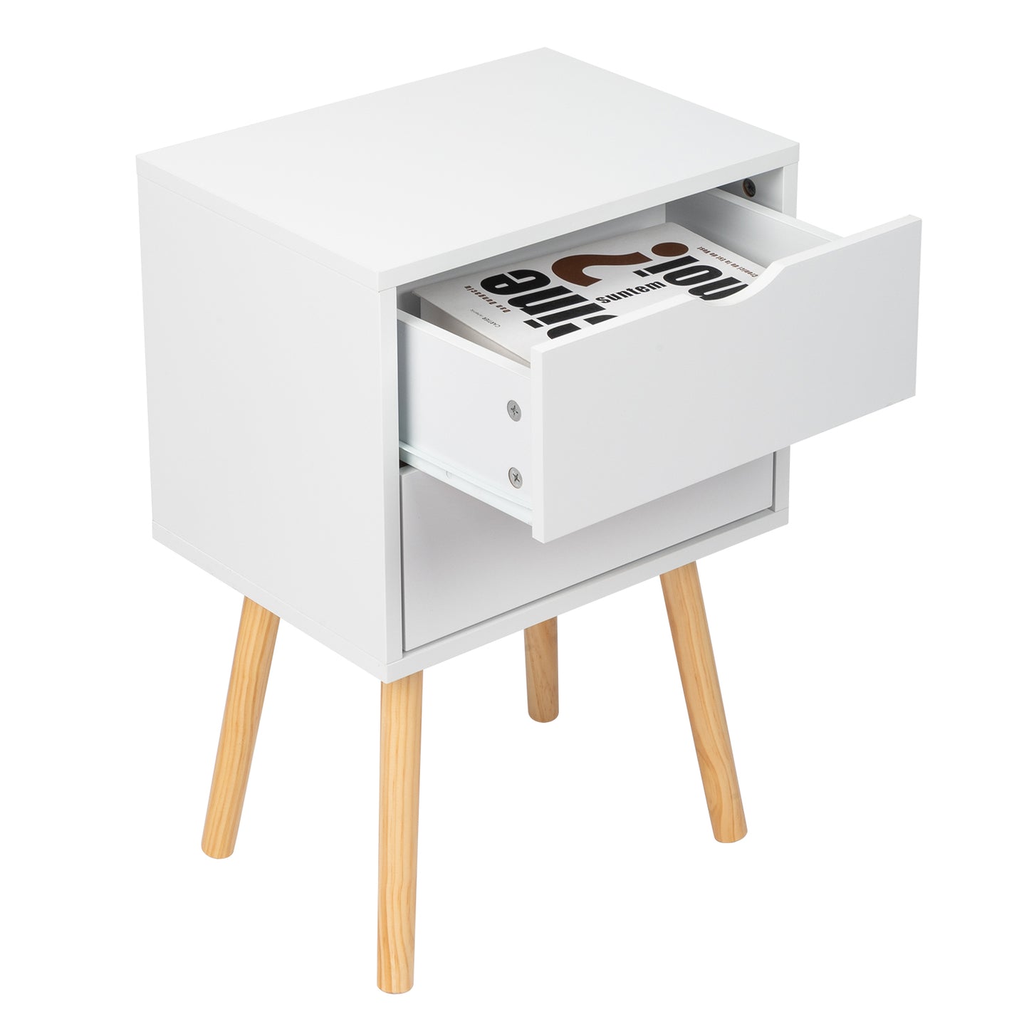 40*30*60cm Simple And Modern White Cabinet, Wood Color Legs, MDF Spray Paint, High Legs, Two Drawers, Bedside Table