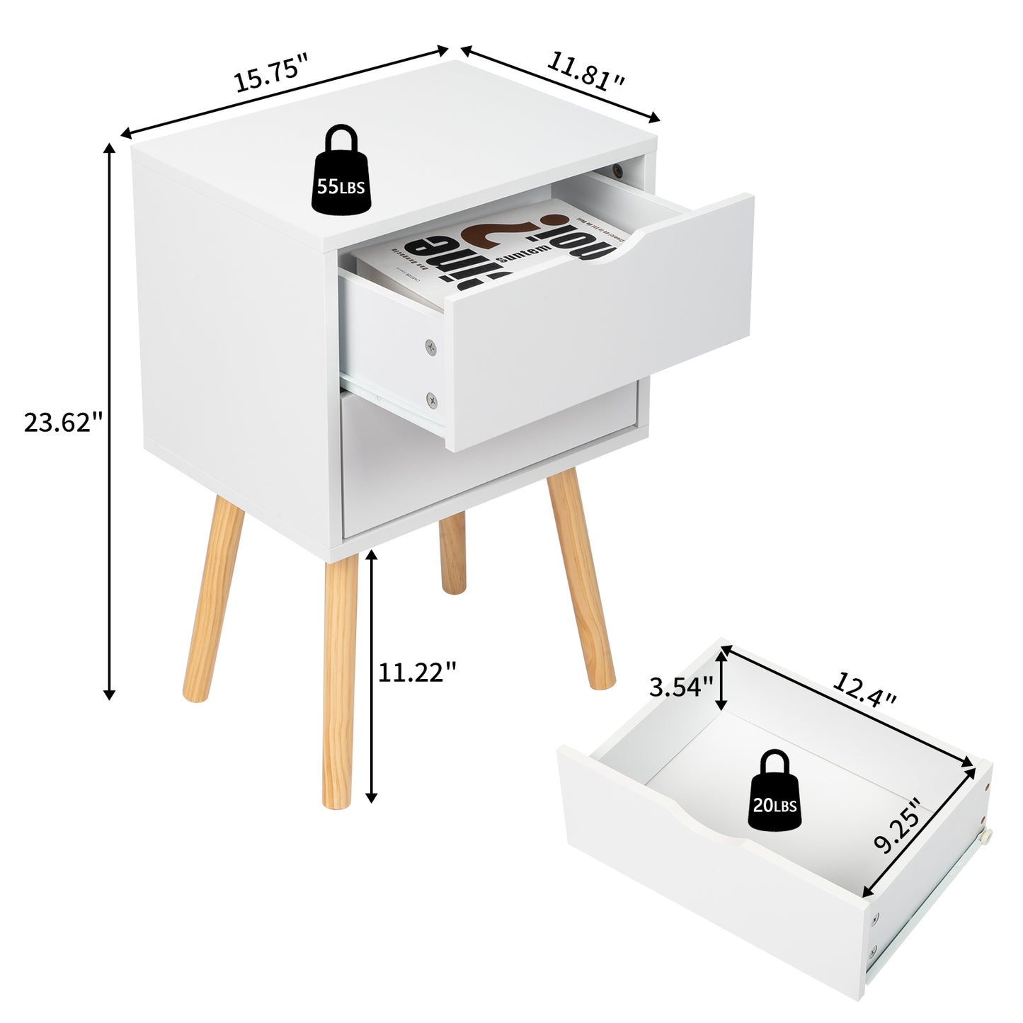 40*30*60cm Simple And Modern White Cabinet, Wood Color Legs, MDF Spray Paint, High Legs, Two Drawers, Bedside Table